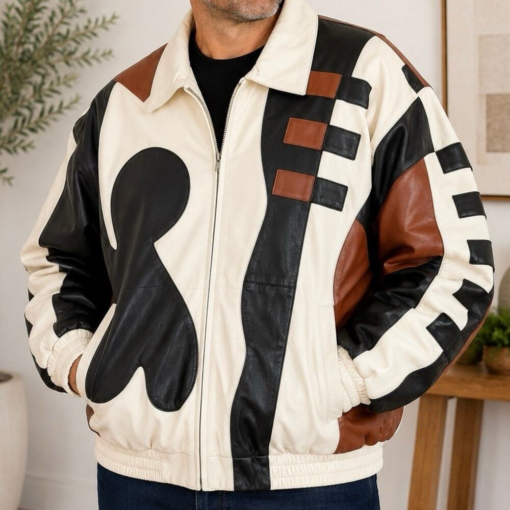 Leather 9000 Abstract Neutral Colorblock Patchwork Leather Bomber Jacket 6XL